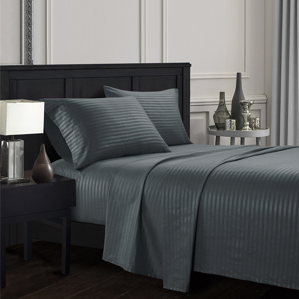 YYAO Queen Size Luxurious Striped Sheet Set for Home Hotel, 4 Piece, Dark Gray