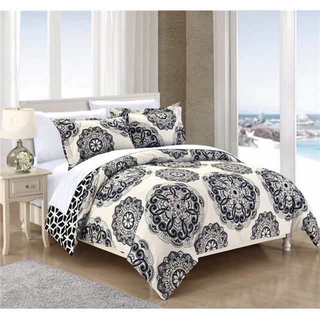 Chic Home DS3493-US 2 Pièces Sardinia Super Doux Microfibre Grand Médaillon Imprimé Réversible avec Géométrique Imprimé Dos Simple Housse de Couette Set&44; Noir