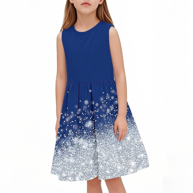 RXIRUCGD 2025 Vêtements d'Été pour Enfants Robe d'Été Sans Manches à Col Rond à Paillettes pour Filles Taille Moyenne Robe Cintrée à la Taille pour Enfants