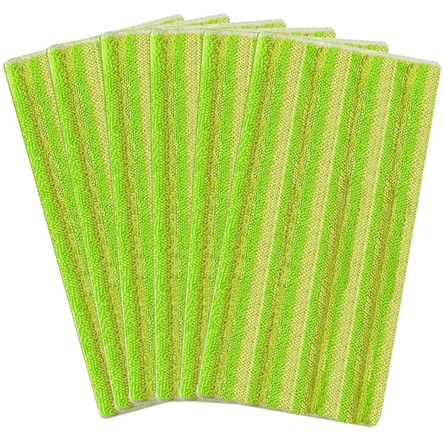 Ensemble de 6 Tampons de Vadrouille en Microfibre Réutilisables Verts, Compatibles avec les Recharges Humides Swiffer pour Balayage Humide et à Sec. Ces Recharges de Vadrouille Lavables à la Machine Sont Faites de Fibres Superfines, Idéales pour Nettoyer les Planchers de Bois Franc, de Carreaux et de Pierre. Conçues pour Ameublir Efficacement la Saleté et la Crasse Tout en Étant Durables et Économiques.