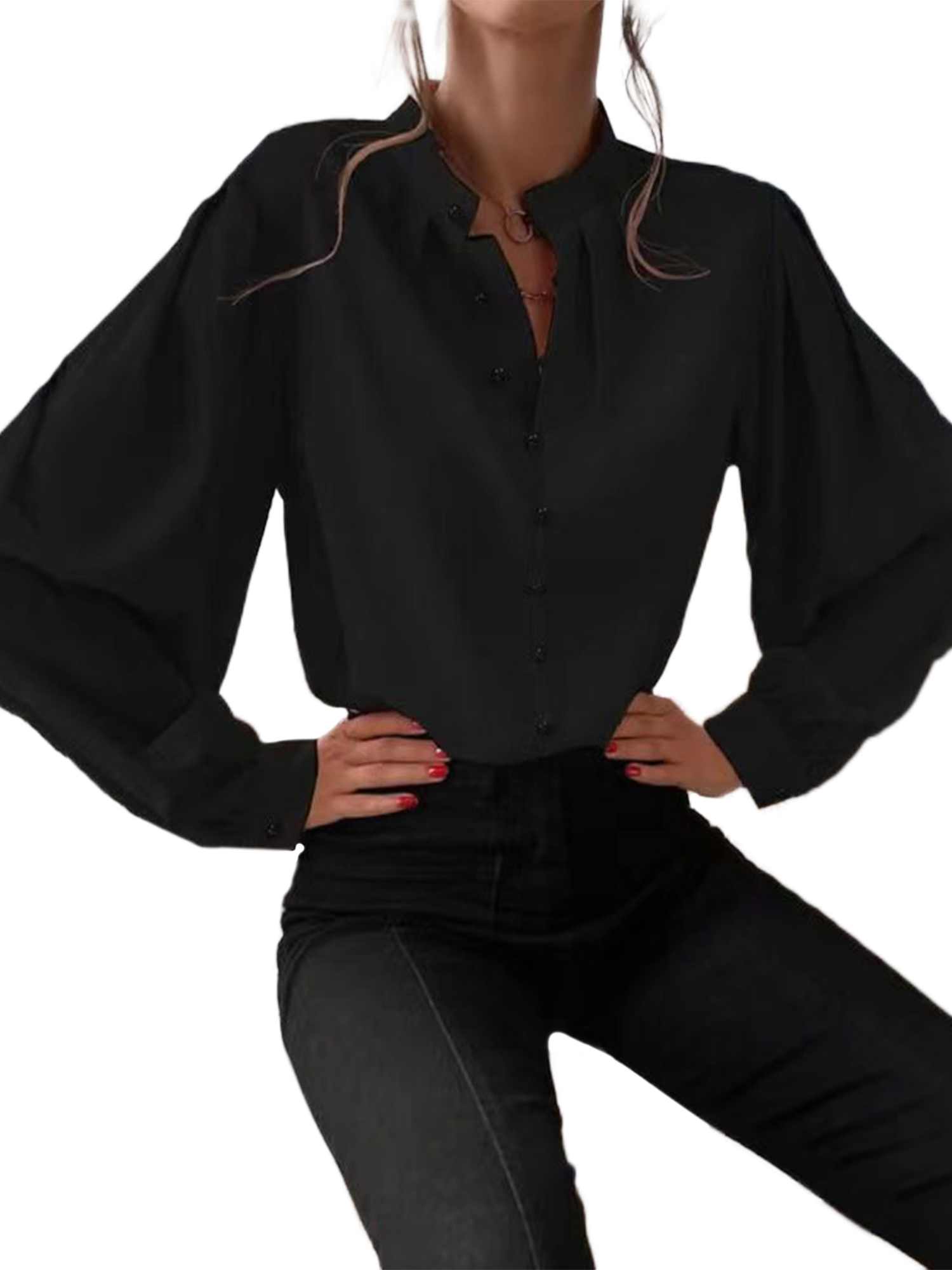 LUXUR Ladies Long Sleeve Tops Loose Work Shirts Black M