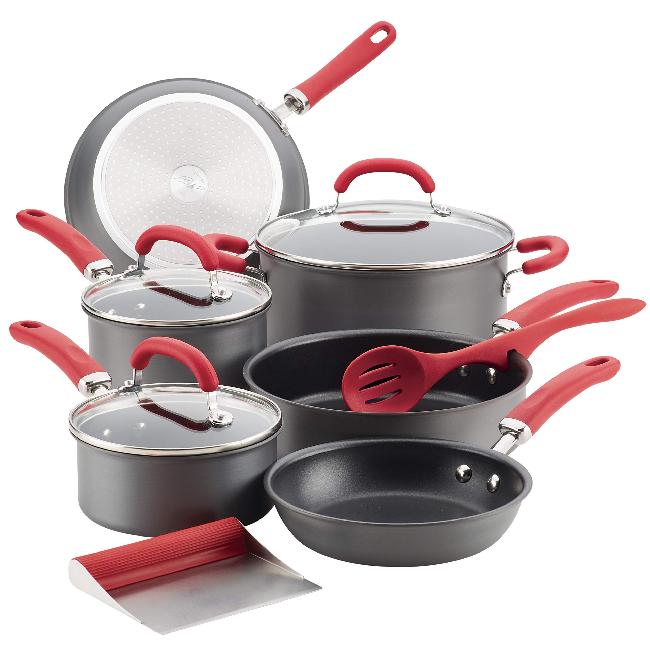 Rachael Ray Create Delicious Hard Anodized Nonstick Cookware Pots and Pans Set, 11 Piece, Red Handles