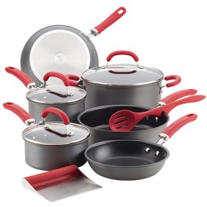 Rachael Ray Create Delicious Ensemble de casseroles et d'articles de cuisine antiadhésifs anodisés, 11 Pièce, poignées rouges