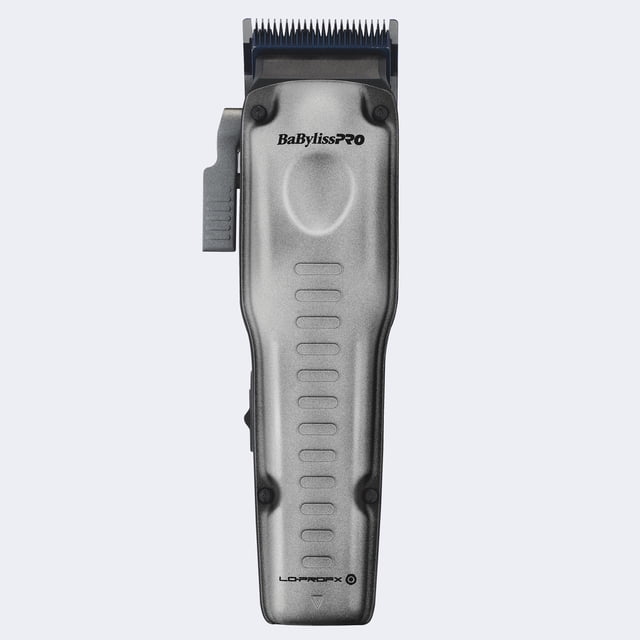 BaByliss Pro Clipper FXONE LOPRO featuring a sleek, ultra-low-profile metal shield cover in a metallic finish. The clipper is equipped with a Blue Titanium Metal-Injection Molded (MIM) Fade Blade for precision cutting and a 5-Detent Locking Stretch Taper Lever for adjustable grooming. It includes a new N1 brushless motor operating at 6,800 RPM and an interchangeable Lithium-Ion battery pack for up to 3 hours of runtime. Accessories include a charging cord, base, lubricating oil, brush, replacement battery, and 8 cutting guides.