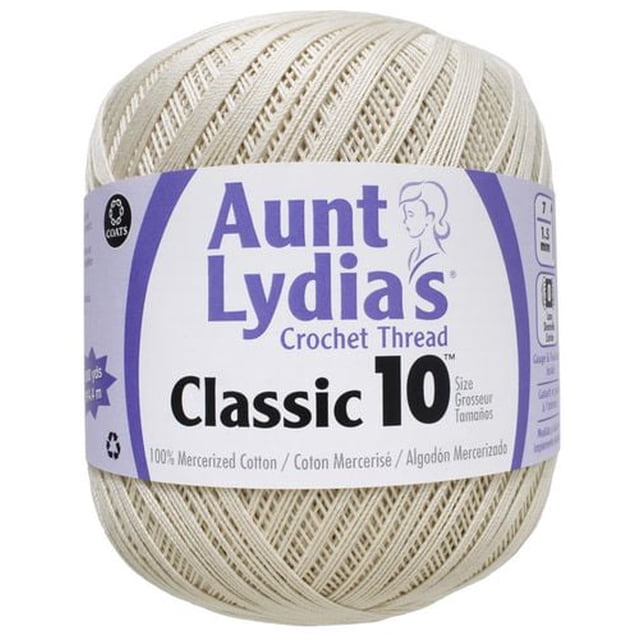 Fil de Crochet en Coton Aunt Lydia's® Classic™, Taille 10, 1000 yards, Pelote Naturelle Blanc Cassé à Enroulement Serré de 100 % Coton Mercerisé à 3 Brins, Idéal pour les Projets de Crochet et de Tricot avec Calibre Fin et Surpiqûres Détaillées.