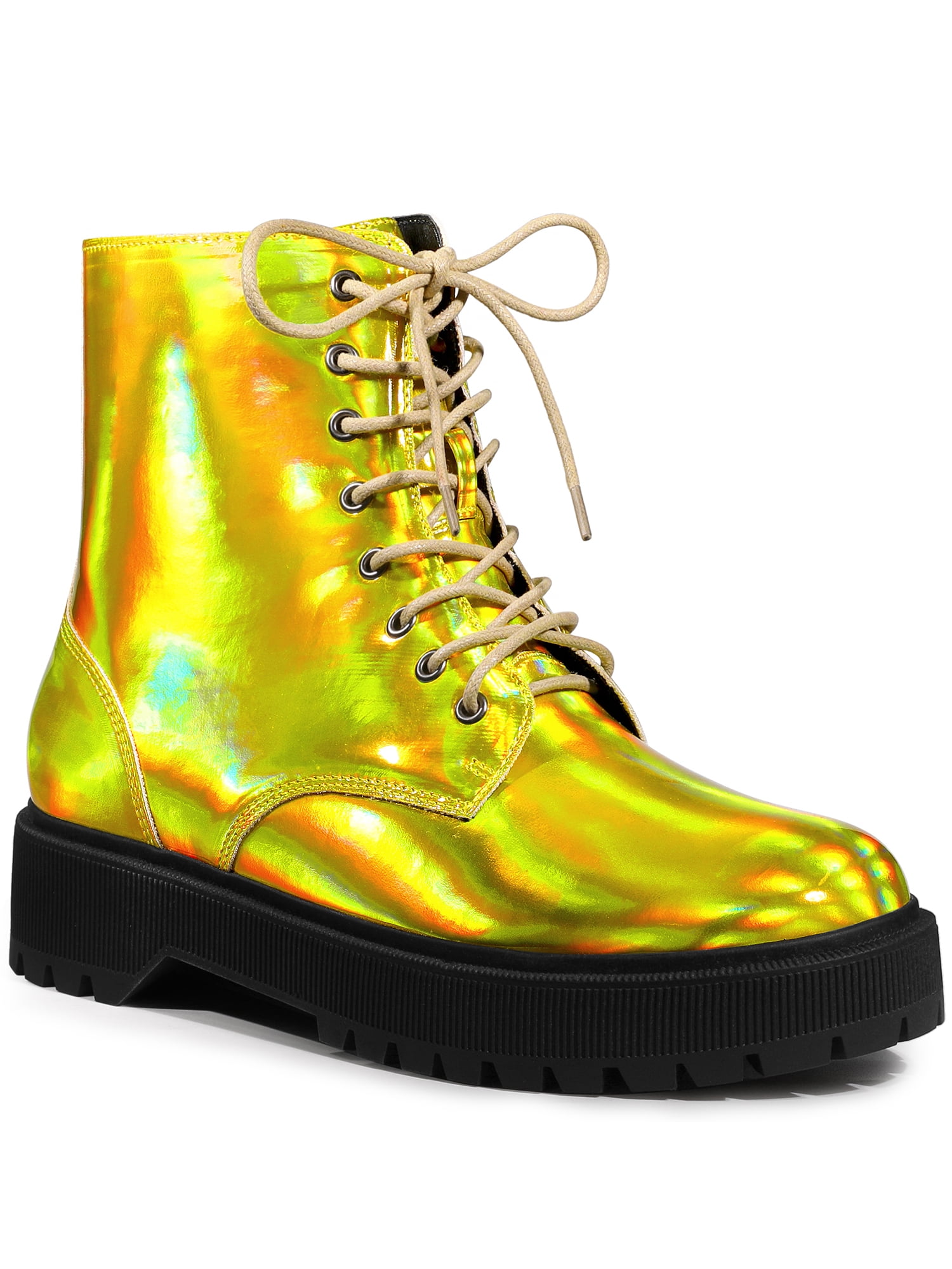 Unique Bargains Women's Round Toe Platform Lace Up Colorful Combat Ankle Boots Gold Yellow (Size 6)