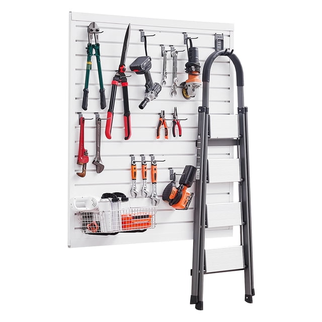 VEVOR 4 x 4 ft Slat Wall Paneling PVC White Garage Slatwall with Modular Design. The panel is mounted on a wall and features a variety of tools and accessories, including pliers, wrenches, a drill, a ladder, and a wire basket for storage. Made of durable PVC, it supports up to 300 lbs per panel and has a 3-inch slot width compatible with universal hooks and brackets. Ideal for garages, workshops, and retail displays.