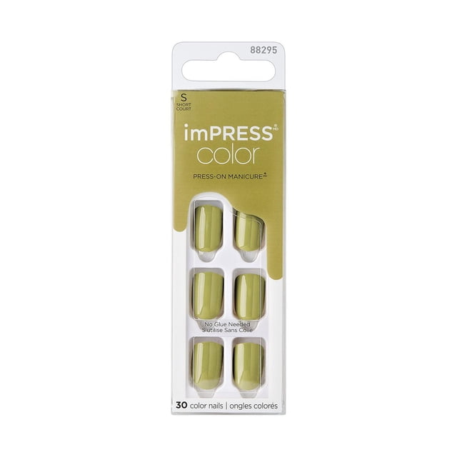 KISS ImPRESS Couleur - Faux Ongles, 30 Unités, Courts, dans l'Emballage Montrant six Courts, Ongles à Presser Vert olive Uni avec une Finition gel Brillante, Aucune Colle Nécessaire, Dotés de la Technologie PureFit pour un Ajustement Mince, Confortable et une application Facile à la Maison.