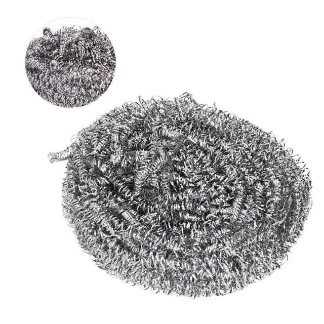 Kitchens Steel Cleaning Ball, a stainless steel scrubber with a spiral wire design, shown in a close-up view. Made of high stainless steel wire, it measures approximately 7x4cm and weighs 25g. Ideal for cleaning pots, pans, dishes, tiles, ovens, sinks, and more in kitchens, bathrooms, and outdoor spaces.