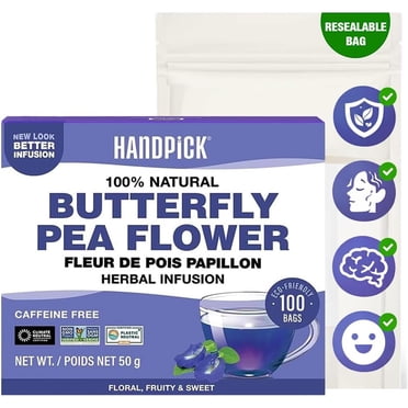 HANDPICK Butterfly Pea Flower Tea (100 Herbal Tea Bags) Blue Tea | Caffeine Free, Non GMO | Premium Dried Butterfly Pea Flowers For Blue & Purple Drinks, Food Coloring | Iced Teas, Coolers, Cocktails