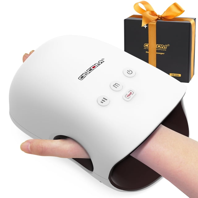 CINCOM Masseur de Main Sans Fil avec Chaleur et Compression pour l'Arthrite et le Canal Carpien, Montré en Blanc avec une Main Insérée dans l'Appareil. le Masseur Présente une Conception Élégante et Ergonomique avec des Ouvertures Visibles pour le placement de la Main. une Boîte-Cadeau Noire avec un Ruban Doré Est Incluse, Soulignant Sa Convient comme Cadeau. l'Appareil Offre des modes de massage Personnalisables, des Réglages de Chaleur et une Compression d'Air pour un Soulagement Ciblé de la Douleur à la Main et au Poignet.