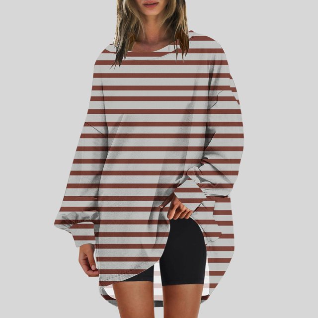 RXIRUCGD Chandail en Molleton Oversize pour Femmes, Col Rond, Manches Longues, Imprimé, Marron, Taille : S