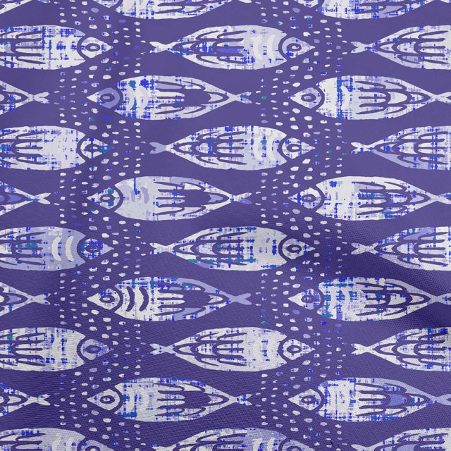 oneOone Rayon Indigo Blue Fabric Asian Block Fish Craft Projects Decor Fabric Printed By The Yard 56 Inch Wide