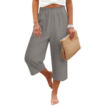 HongQid Women's Linen Blend Wide Leg Capris, Lightweight Breathable Elastic Waist Cropped Pants, Casual Loose-Fit Trousers for Summer Daily Wear, Vacation & Beach