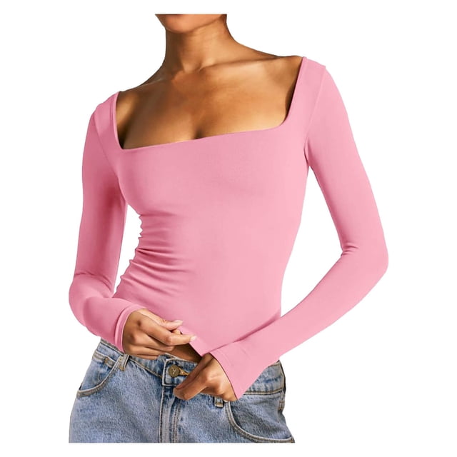Timegard Hauts de Sortie pour Femmes Camisoles Col Carré Manches Longues T-Shirt Froncé Automne Décontracté Ajusté Hauts