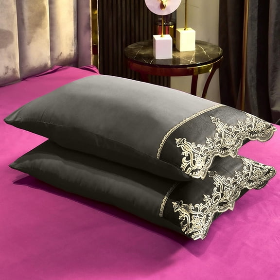 Todaioua Solid Color Luxury Pillowcase Set 2-Piece Lace Cutis Friendly Skidproof European Embroidered Pillow Covers Brushed Polyester Cotton for Bedroom Hotel Guest Room Decor Gift