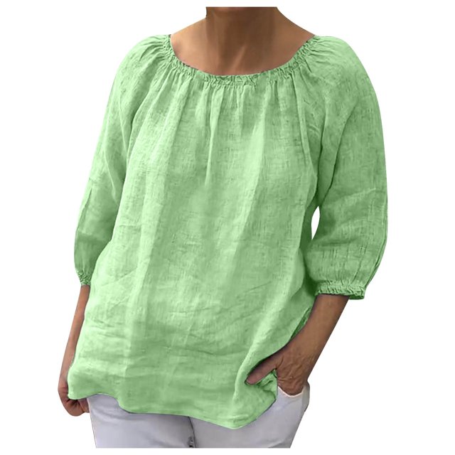 AherBiu Hauts Grande Taille pour Femmes Manches 3/4 Chemises d'Été en Coton et Lin Décontractées Coupe Ample Col Rond