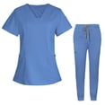 thumbnail image 1 of Ensemble de Sarraus pour Femmes, Haut de Sarrau à Col en V Extensible et Pantalon Jogger à Cordon avec 7 Poches, Anti-Froissement, Doux, Ensemble d'Uniforme d'Infirmière à Manches Courtes, Ensemble de Chemise d'Uniforme de Travail, Bleu Ciel, 1 of 5