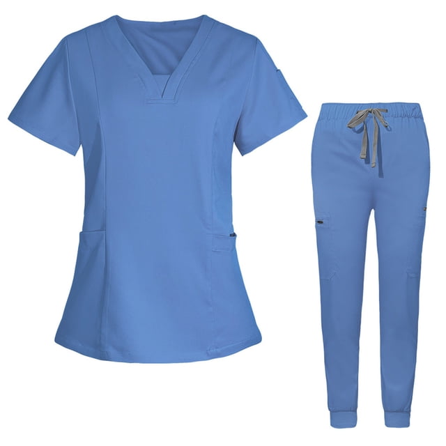 Ensemble de Sarraus pour Femmes, Haut de Sarrau à Col en V Extensible et Pantalon Jogger à Cordon avec 7 Poches, Anti-Froissement, Doux, Ensemble d'Uniforme d'Infirmière à Manches Courtes, Ensemble de Chemise d'Uniforme de Travail, Bleu Ciel