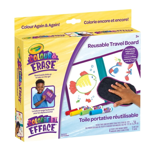 Crayola Colour & Erase Reusable Travel Board with a foldable dual-sided drawing surface showing a colorful fish drawing, four washable markers in red, yellow, green, and blue, and a black wipe cloth erasing the board, designed for kids ages 3 and up with built-in storage for markers and cloth, suitable for creative play on the go.