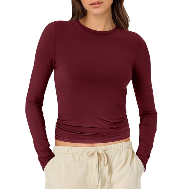 T-Shirts pour Femmes 2025, T-Shirts Femmes, Hauts Ajustés pour Femmes à Manches Longues Compression Femmes Manche Col Rond Court Long T-Shirt Femme Haut Tee Shirt Basique Coton Spandex Chemises Femmes Uni