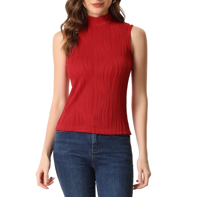 INSPIRE CHIC Mock Neck Tank Top for Women's Stand Collar Sleeveless Ribbed Knit Tops XL Red