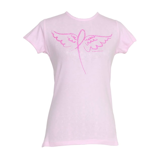 T-Shirt de Sensibilisation au Cancer du Sein pour Femmes avec Ailes d'Ange en Ruban - Rose - Grand