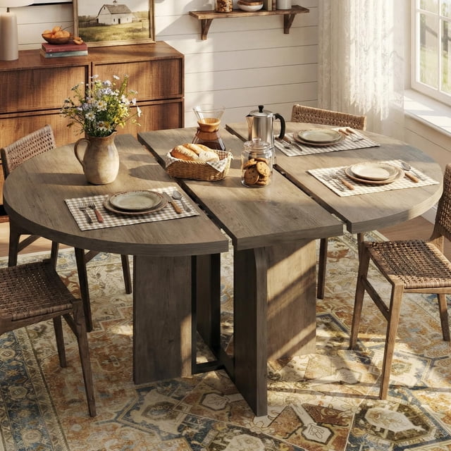 47"-63" Extendable Round Dining RoomTable for 4-8, Farmhouse Wood Expandable Kitchen Table w/Wider Leg, Sturdy Metal Frame, Oval Circle, for Dinner, Kitchen, Apartment, Space Save, Retro Gray
