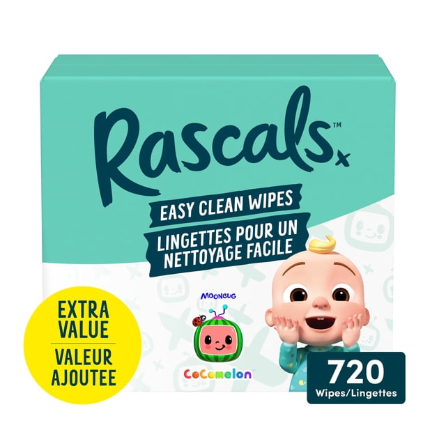 Rascals Lingettes pour Bébé Faciles à Nettoyer en carton avec le Personnage CoComelon Moonbug sur Emballage Sarcelle et Blanc avec Texte Bilingue Anglais et Français, Mettant en Valeur Supplémentaire avec 720 Lingettes par Paquet pour un Nettoyage Doux et Efficace.