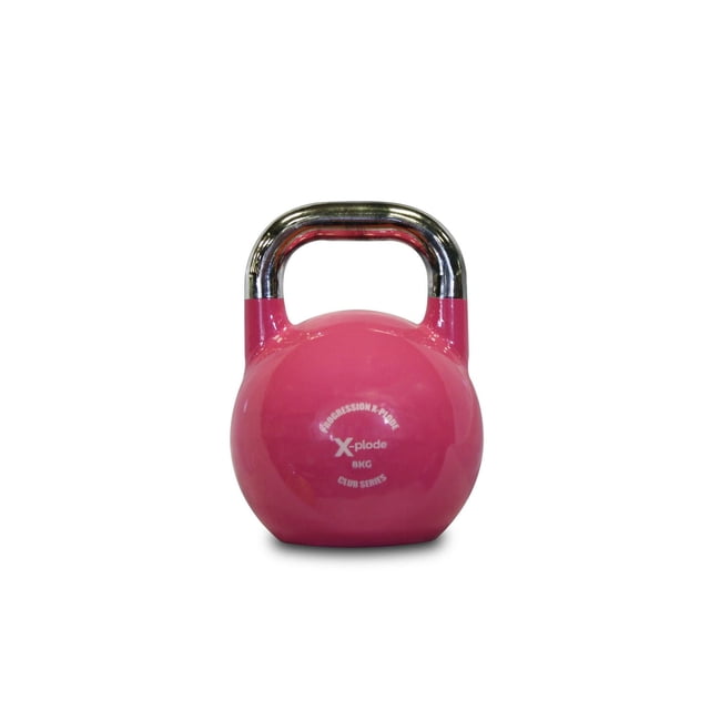 Progression Xplode Kettlebell de Compétition 8 kg Rose avec Poignée en Titane Résistante à la Corrosion et Corps Enduit de Résine Rose, Orienté vers l'Avant sur Fond Blanc, avec Largeur de Poignée Uniforme pour une Adhérence Uniforme et base stable pour les Exercices de Musculation et d'Entraînement de Poids.