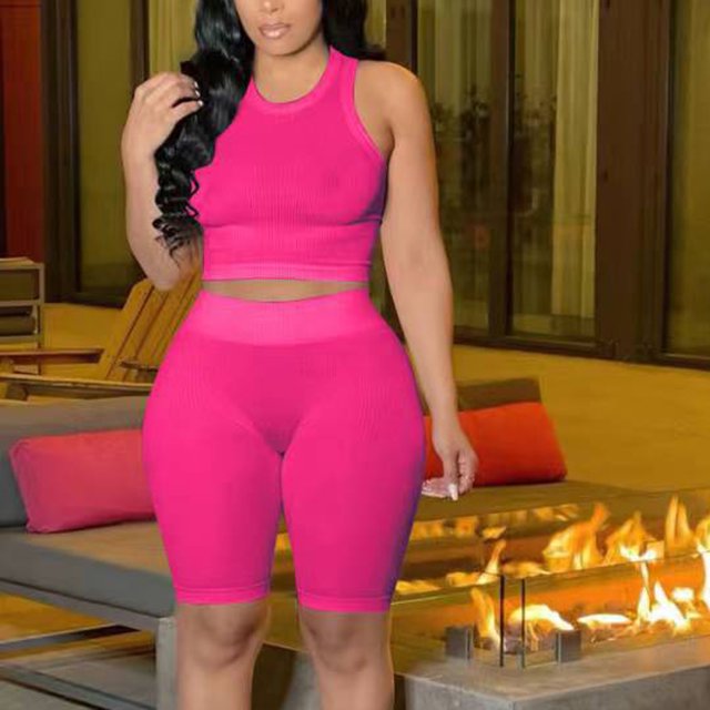 Ensembles Femmes Ensemble Deux Pièces Solide Été Sans Manches Col Rond Hauts Shorts Pantalons Ensemble Deux Pièces en Liquidation