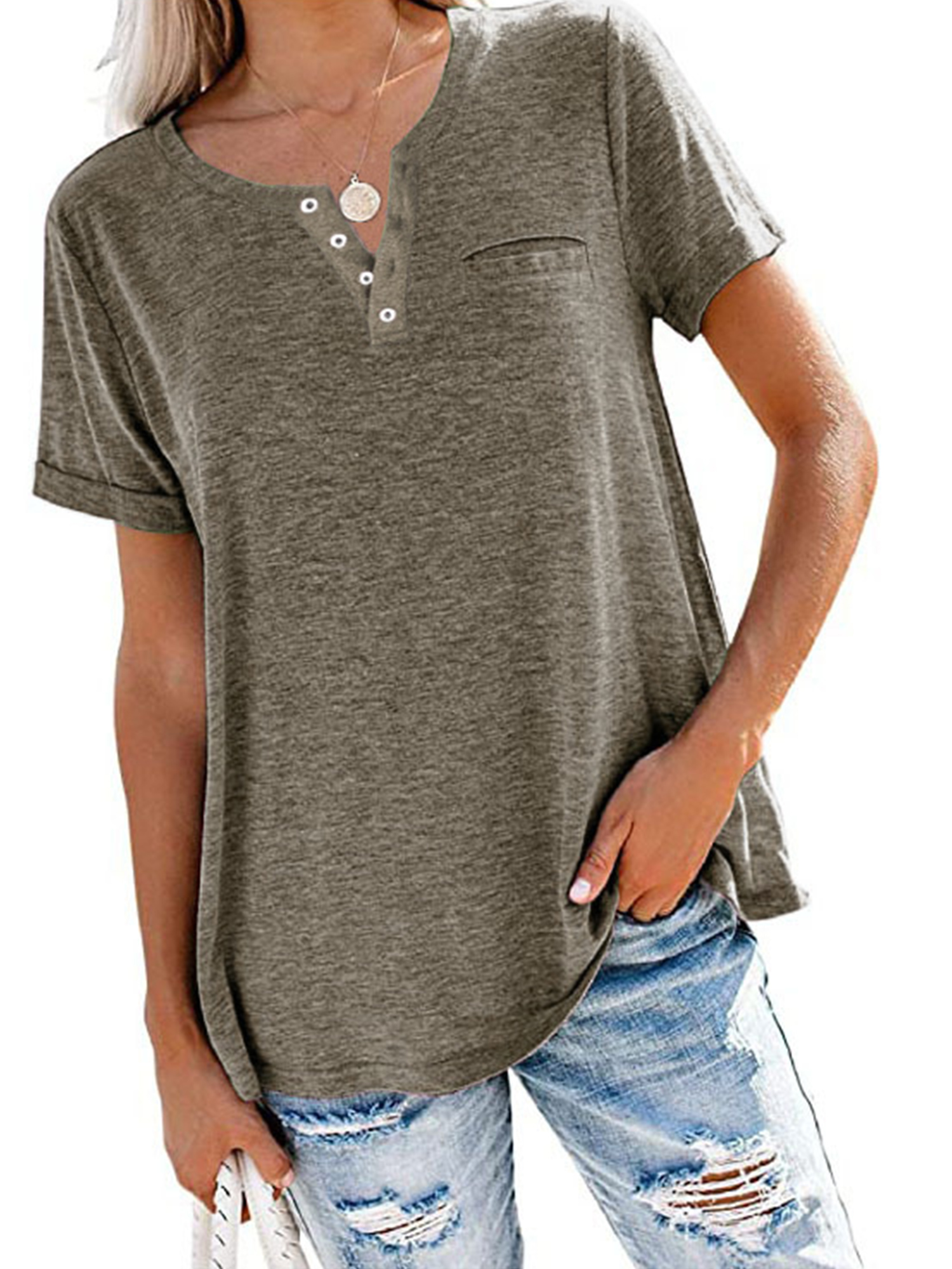 Innerwin T-Shirt Col en V pour Femmes Hauts de Plage Couleur Unie Tee Ample Café m