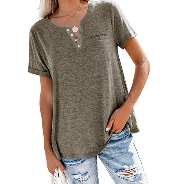 MAWCLOS Dames T-Shirt Couleur Unie Tops V Cou Tee Confortable Rue à Manches Courtes Chemisier Café XL