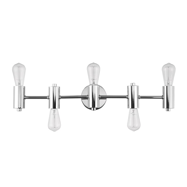 Globe Electric Positano 5-Light Chrome Metal Reversible Vanity Light with polished chrome finish and open socket design, featuring five E26 medium base bulbs on a horizontal metal bar with a central round mounting plate, suitable for bathroom or powder room lighting and compatible with LED or incandescent bulbs.