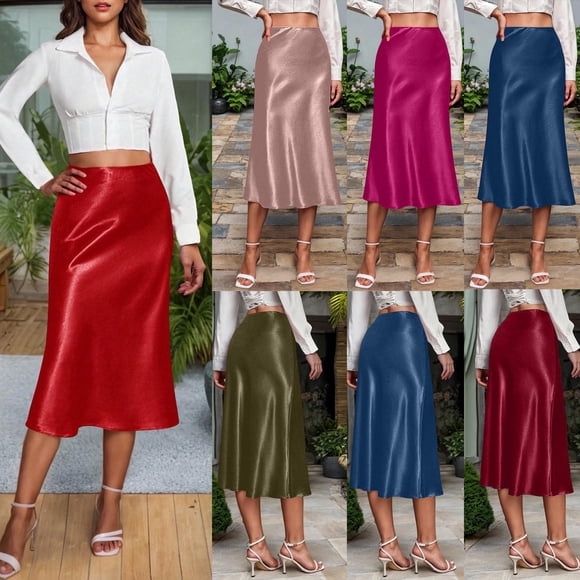 QATAINLAV Women's Silk Satin Skirts High Waist A Line Flared Midi Skirt Side Zipper Business Casual Outfits, Wine, XS, Birthday Gifts