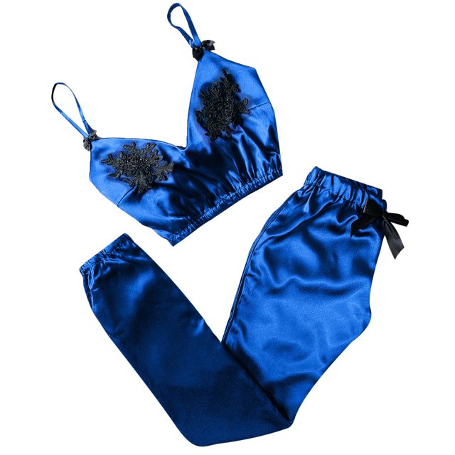 Birdeem Pyjama pour Femmes à Col en V en Dentelle « Eyelash » en Satin, Camisole avec Nœud, Ensemble Pantalon