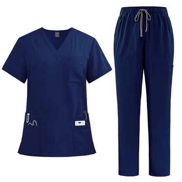 Ktyne Scrubs for Women Set M Stretchy Nursing Uniform Short Sleeve V Neck Scrub & Jogger Pants Solid Color Medical Scrub Sets with Multi Pocket Dark Blue M