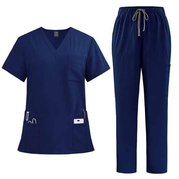 Ktyne Scrubs for Women Set M Stretchy Nursing Uniform Short Sleeve V Neck Scrub & Jogger Pants Solid Color Medical Scrub Sets with Multi Pocket Dark Blue M