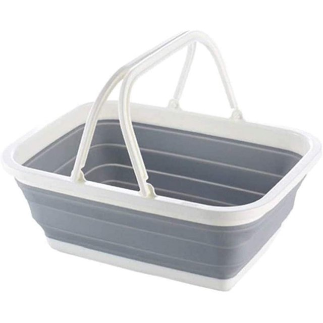 Oval Collapsible Plastic Laundry Basket made of durable PP and TPR materials, featuring a foldable design for space-saving storage. The basket has a neutral grey and white colour scheme, two sturdy handles for easy carrying, and a versatile design suitable for laundry, shopping, or storing fruits and vegetables.