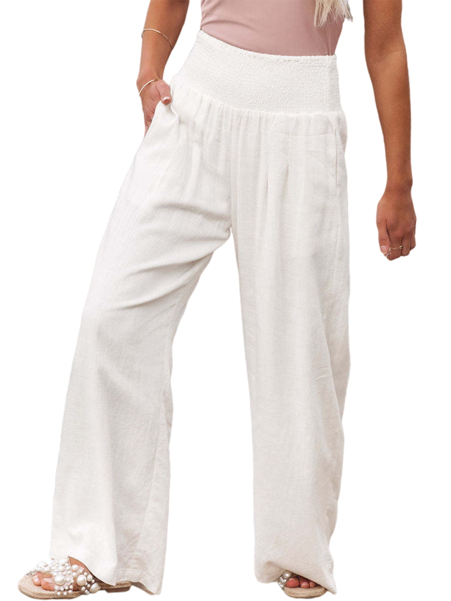 MAWCLOS Pantalon Palazzo Taille Haute pour Femmes, Bas de Détente Uni, Blanc, TG