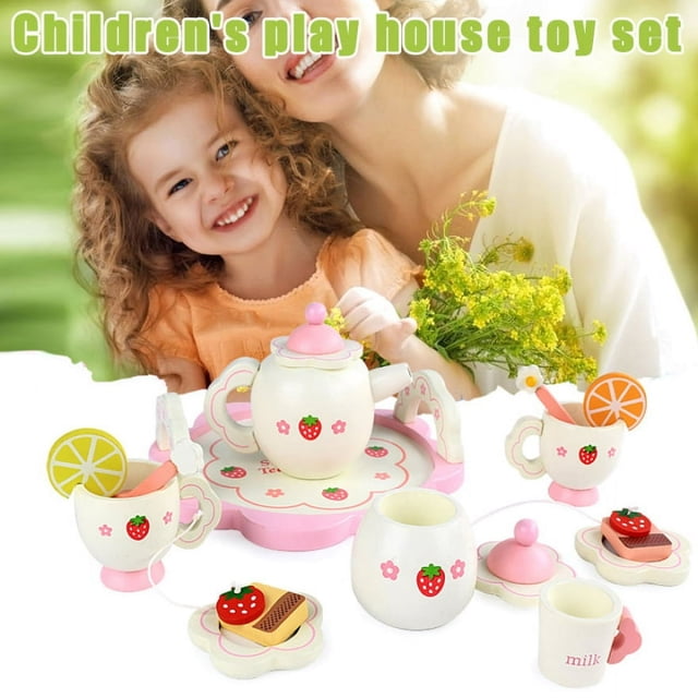 Mini Ensemble de Thé en Bois Tasse Jouet Théières Plateau pour Enfants Cuisine Jeu de Rôle