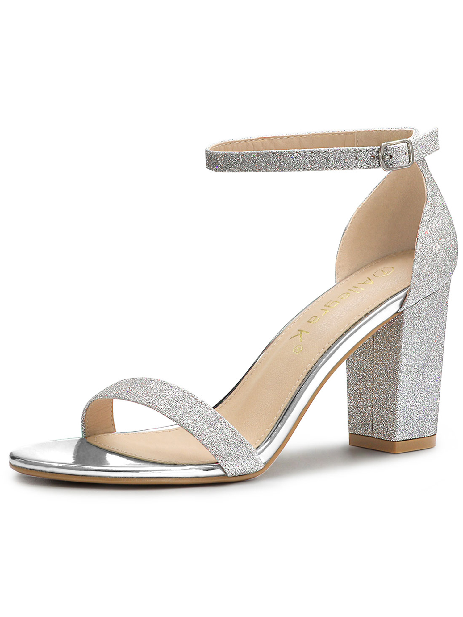 BLISSFUL STEP Women's Solid Color Glitter Ankle Strap Chunky Heels Sandals