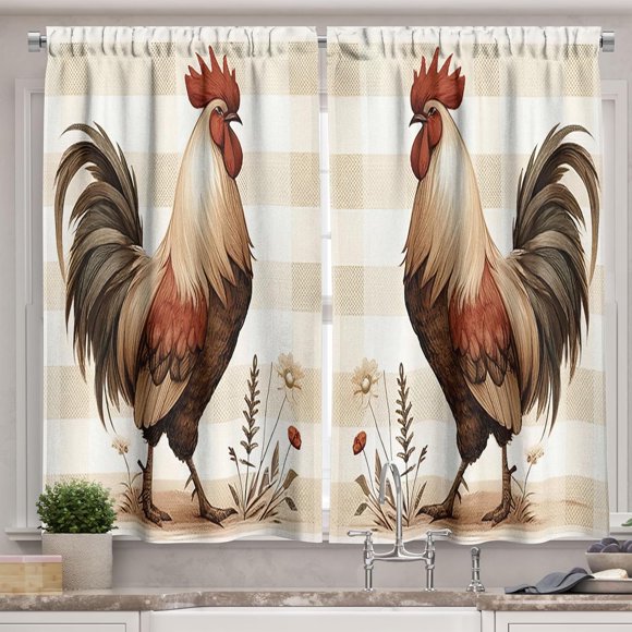 Rooster Kitchen Curtains, Modern Interpretation of Farmhouse Animal Floral with Beige Tones Plaid, Window Drapes 2 Panel Set for Kitchen Cafe Decor, 55" x 36", Tan Taupe and Dark Pink