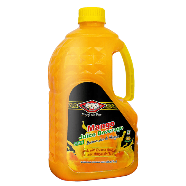 ITN JUICE Mangue CHAUNSA Pichet en Plastique de 3 L avec Corps orange Texturé et Poignée Jaune, Présentant une Étiquette Noire avec Texte Rouge et Vert Indiquant Jus de Mangue Boisson Faite avec des Mangues CHAUNSA, Convient aux Mélanges de Jus de Fruits.