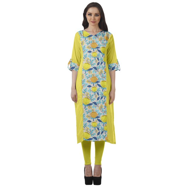 Moomaya Kurtis Droits Imprimés pour Femmes, Col en V, Manches Retroussables, Kurta Tunique