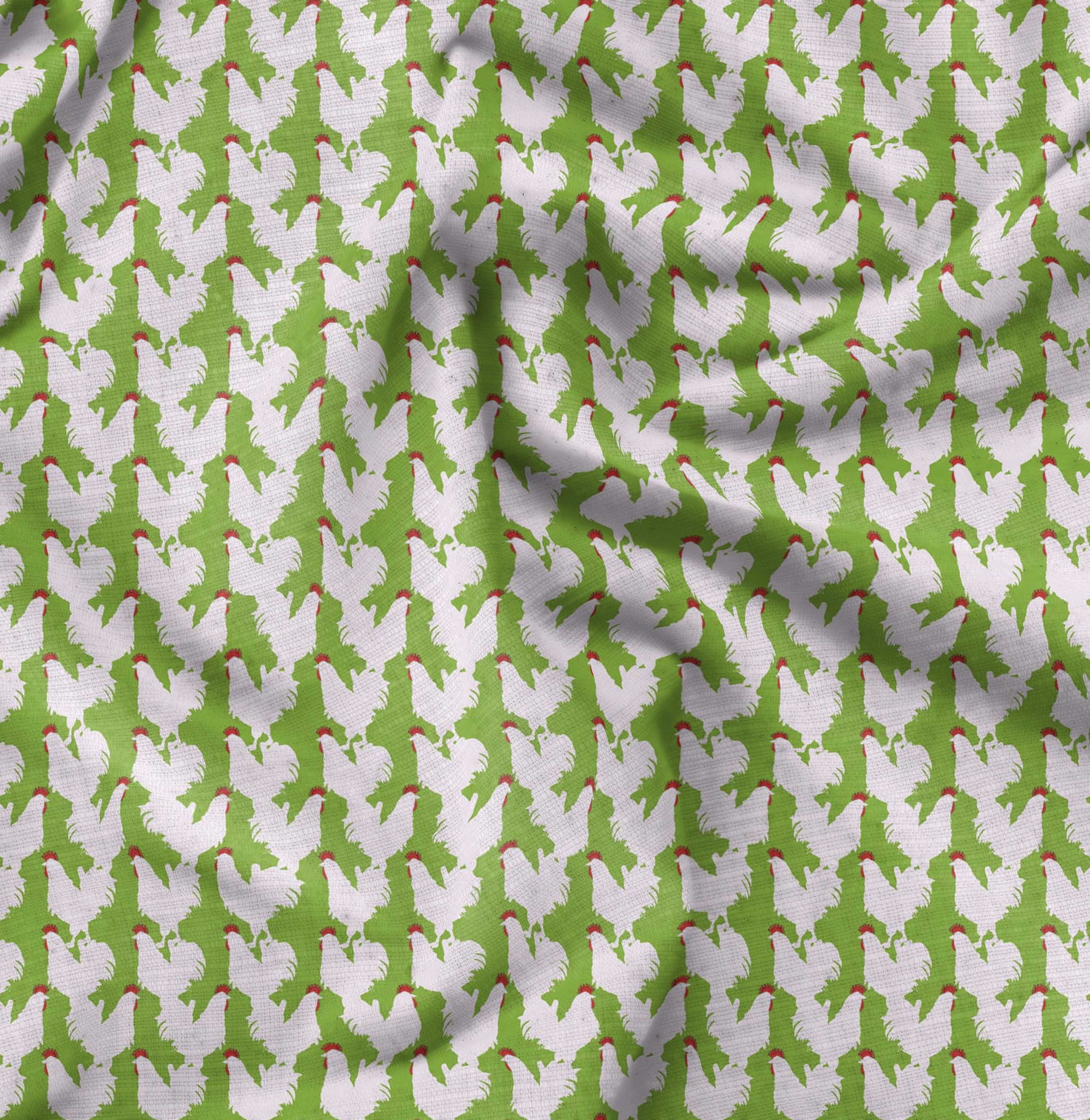 Soimoi Green polyester Crepe Fabric Hen Bird Print Fabric by the Yard 42 Inch Wide