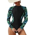 thumbnail image 1 of Charmo Womens Leaf Printed Long Sleeve Rashguard Zipper One Piece Swimsuit, 1 of 1