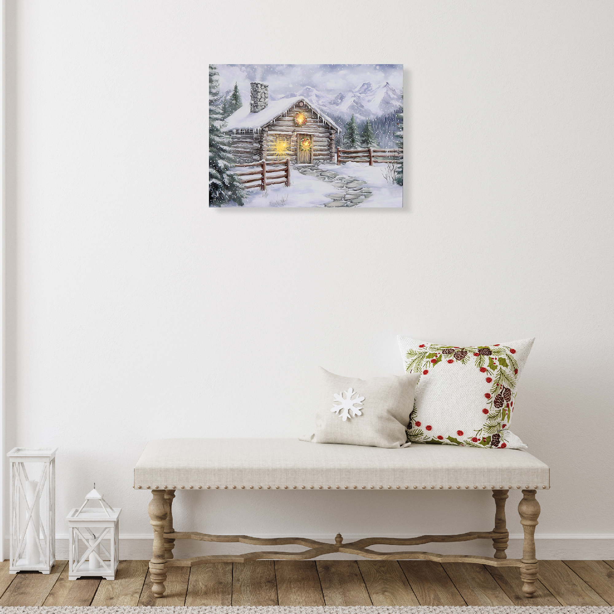 Toile Murale À Led (Cabane Avec Cheminée En Hiver)