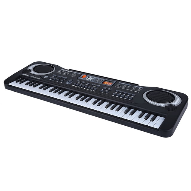 Electric 61 Key Piano Keyboard for kids, featuring black and white keys, a compact design, and multiple control buttons. This portable electric piano includes 16 timbres, 8 percussion instrument recordings, 10 rhythms, and 6 demo songs. It comes with a mini microphone for singing while playing and supports both battery and power cable operation. A fun and educational musical instrument suitable for children over 3 years old.