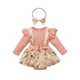 thumbnail image 1 of Kmbangi Baby Girl Outfit Floral Splicing Suspenders Skirt Romper + Hairband, 1 of 7
